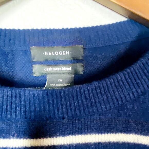 Halogen Crewneck Cashmere Wool Blend Sweater Star Stripe Blue Gold - M - Picture 4 of 4